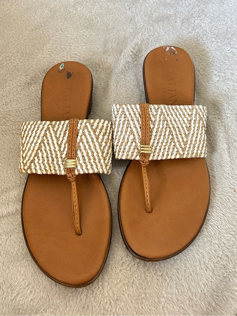 Italian Shoemakers Women’s Tan Leather & Woven White Slide Sandals - Size 8